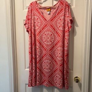Ruby Rd. Red and White Geometric V-Neck Dress
